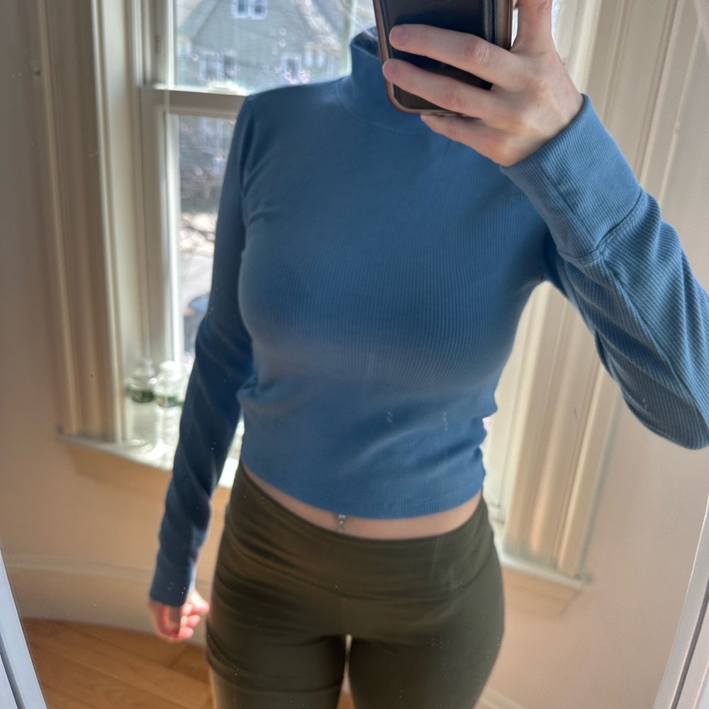 Blue Turtleneck Ribbed Women's Top